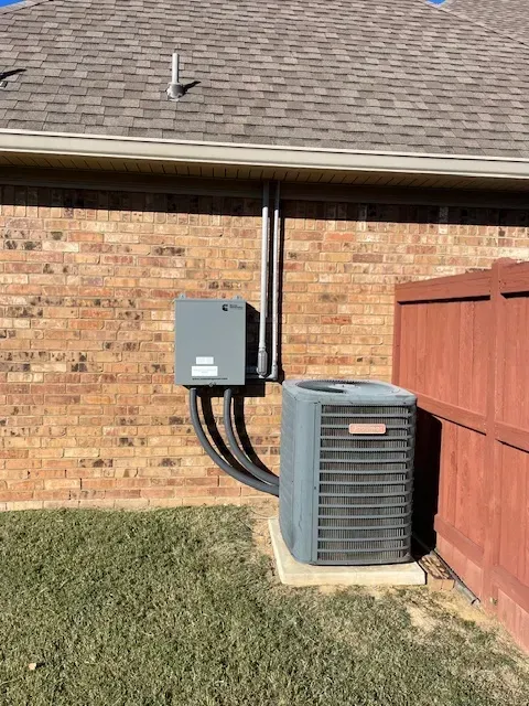 Air conditioner unit next to a brown brick wall. Gray electrical box above. Green grass in foreground.