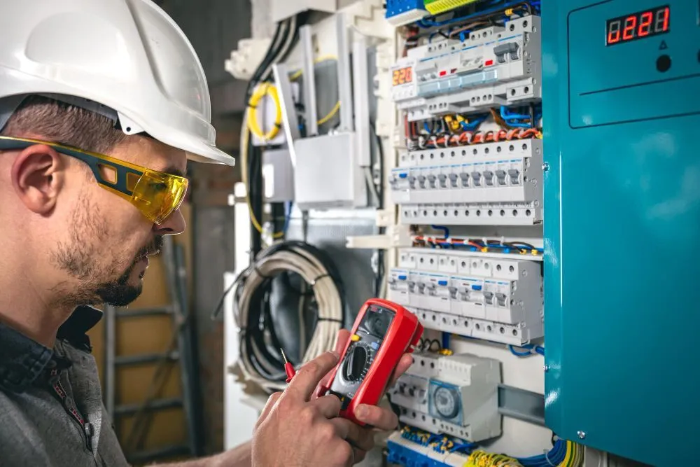 Electrician in a hard hat and safety glasses testing an electrical panel with a multimeter